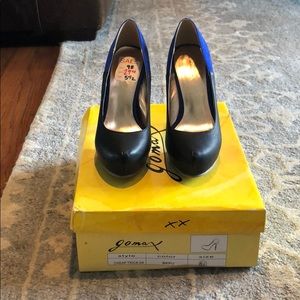 Black leather and blue suede heels